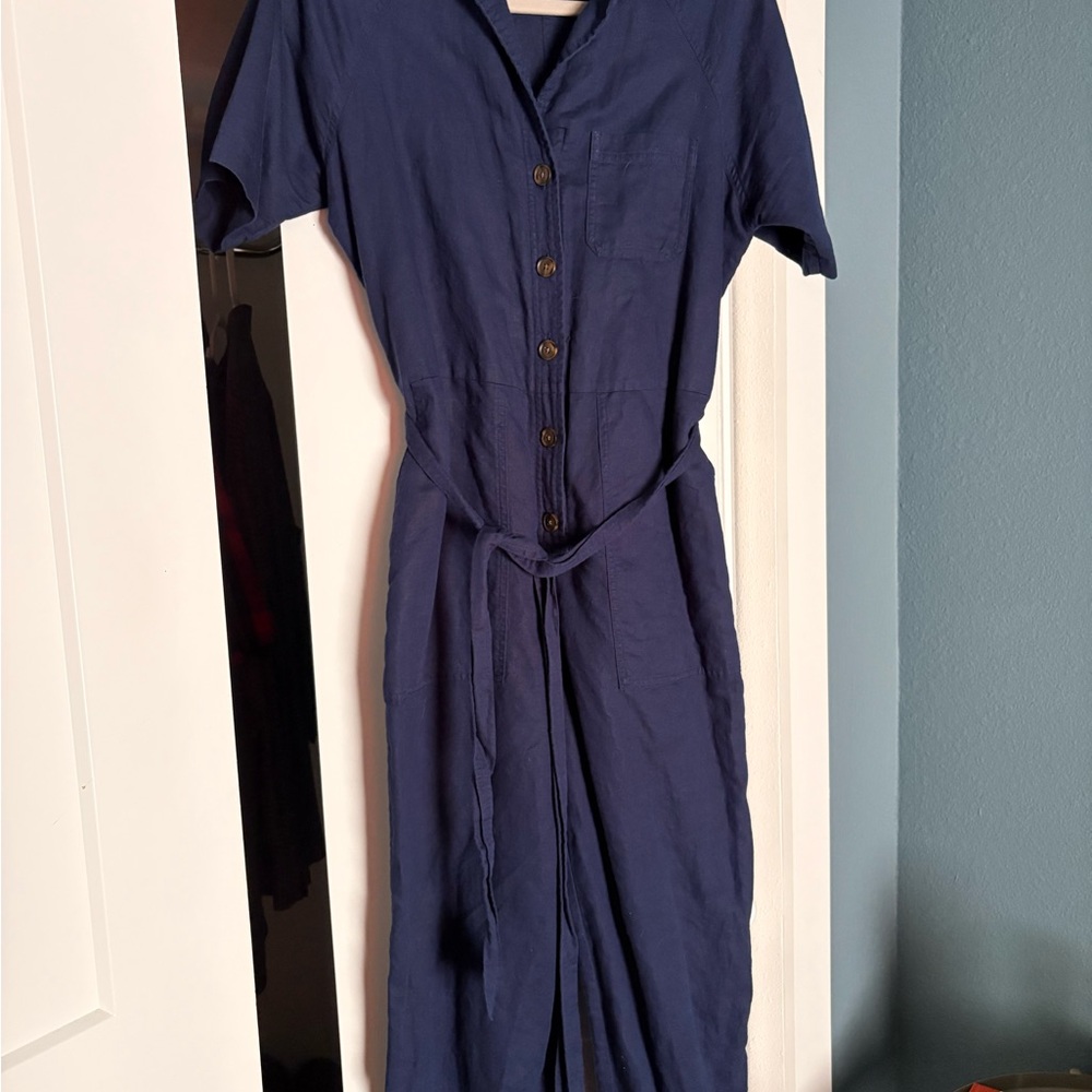 Navy Button-Front Short Sleeve Women’s Jumper with Waist Tie